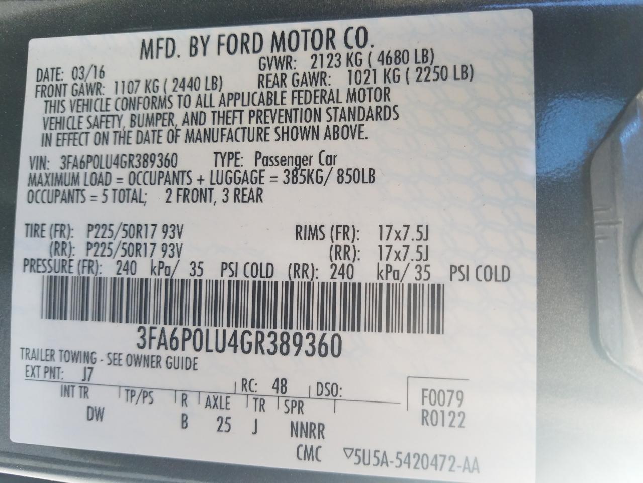 Photo 10 from auction – 2016 FORD FUSION SE with VIN 3FA6P0LU4GR389360