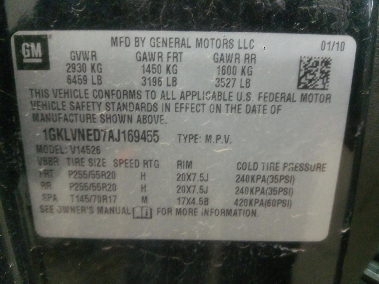 Photo 10 from auction – 2010 GMC ACADIA SLT with VIN 1GKLVNED7AJ169455