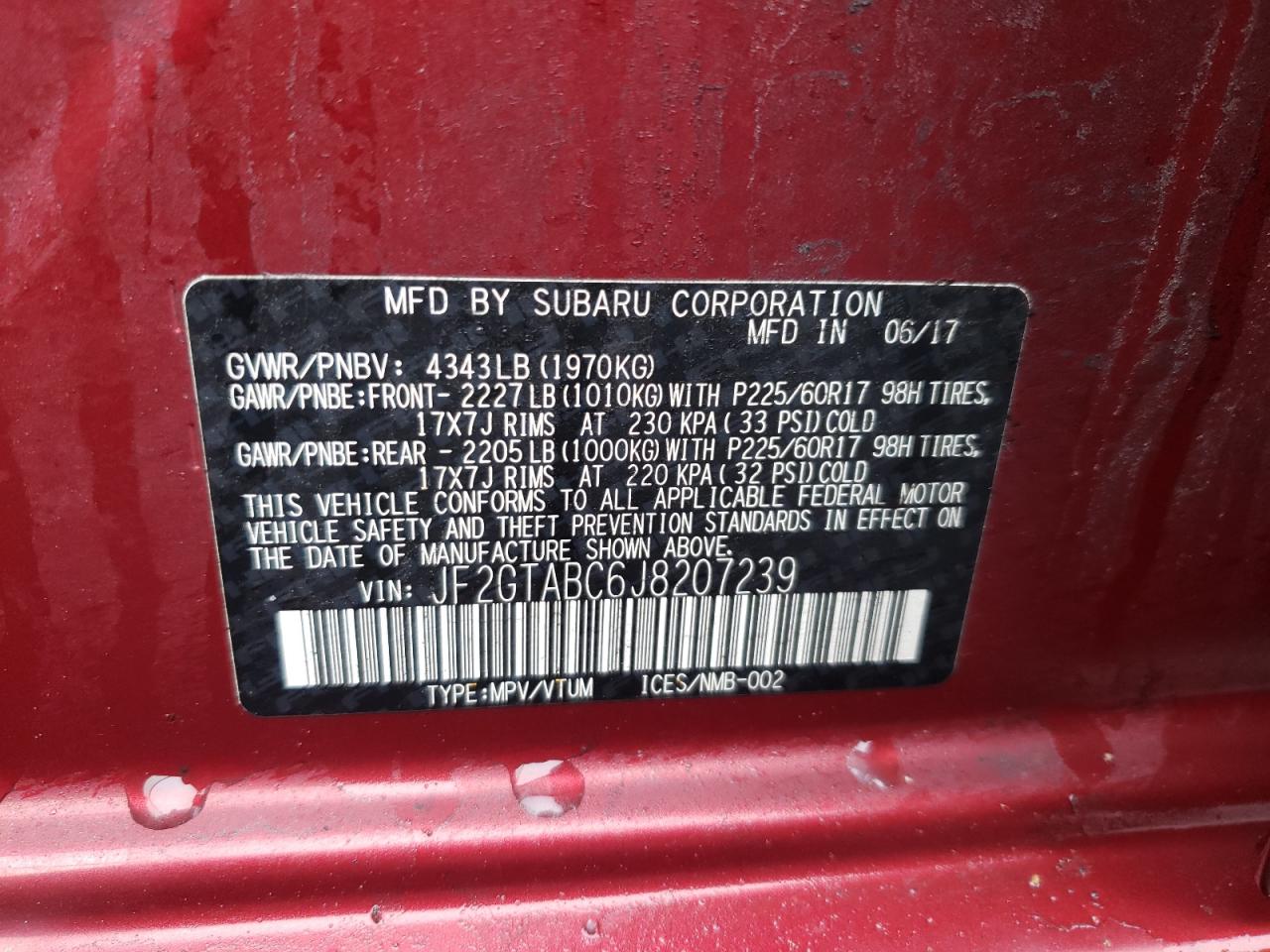 Photo 10 from auction – 2018 SUBARU CROSSTREK with VIN JF2GTABC6J8207239