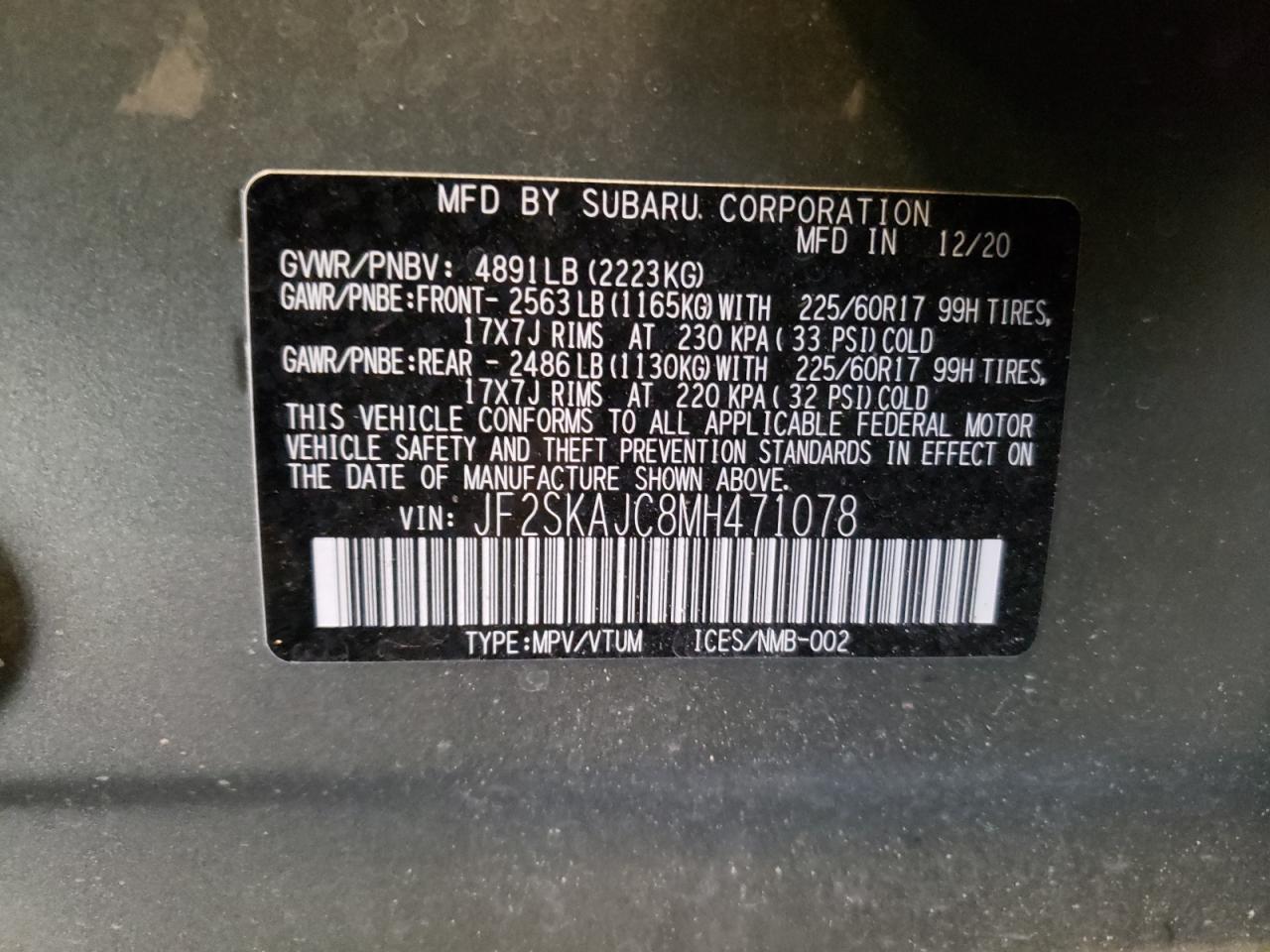 Photo 10 from auction – 2021 SUBARU FORESTER P with VIN JF2SKAJC8MH471078