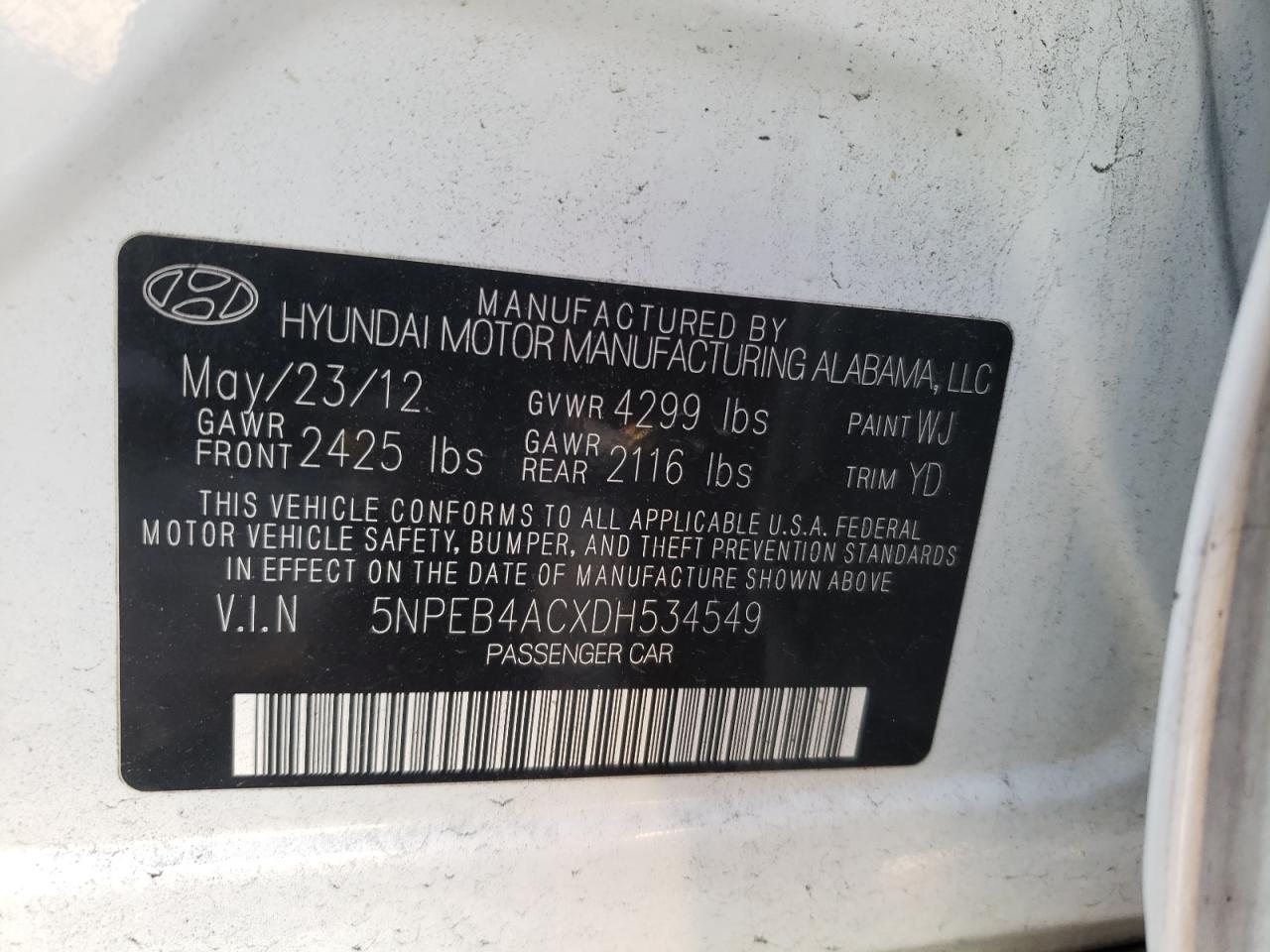 Photo 10 from auction – 2013 HYUNDAI SONATA GLS with VIN 5NPEB4ACXDH534549