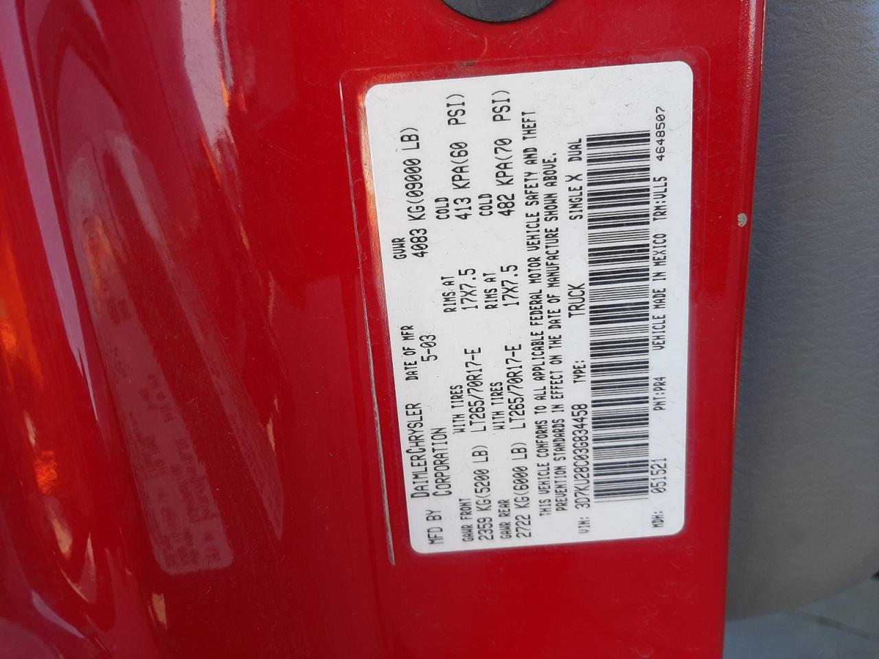 Photo 10 from auction – 2003 DODGE RAM 2500 S with VIN 3D7KU28C03G834458