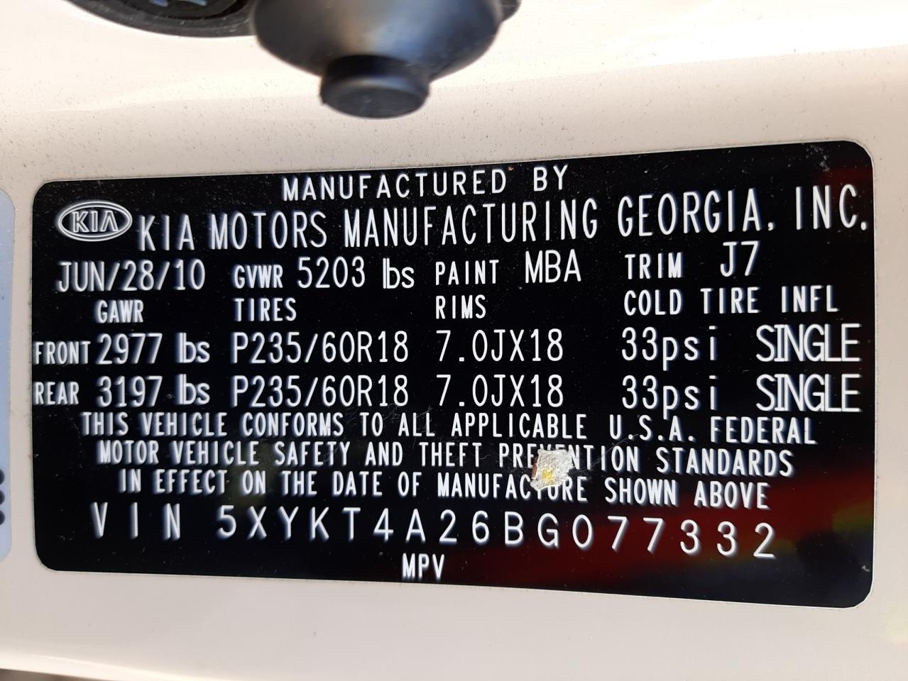 Photo 10 from auction – 2011 KIA SORENTO BA with VIN 5XYKT4A26BG077332
