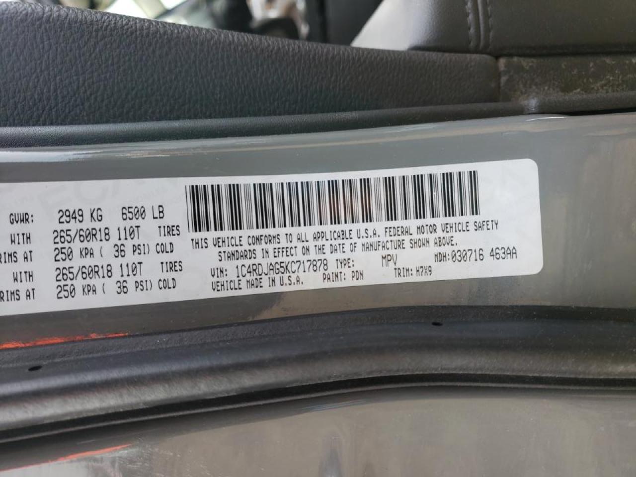 Foto 10 de la subasta – 2019 DODGE DURANGO SX con VIN 1C4RDJAG5KC717878