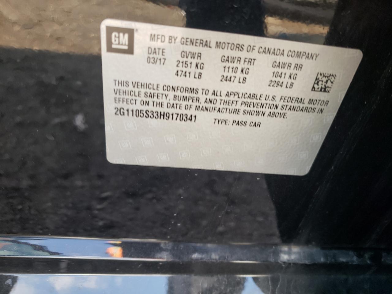 Photo 10 from auction – 2017 CHEVROLET IMPALA LT with VIN 2G1105S33H9170341