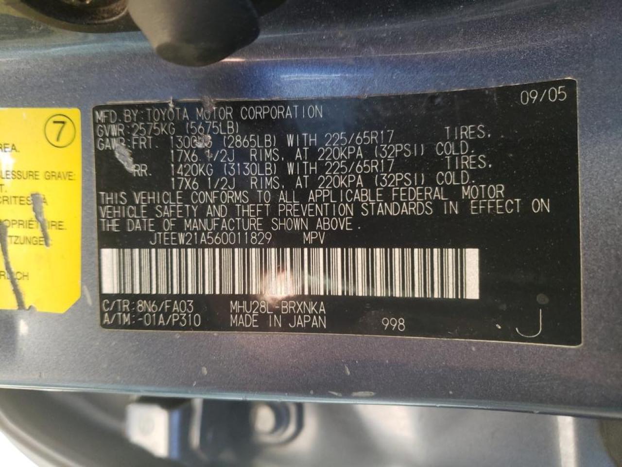 Photo 10 from auction – 2006 TOYOTA HIGHLANDER with VIN JTEEW21A560011829