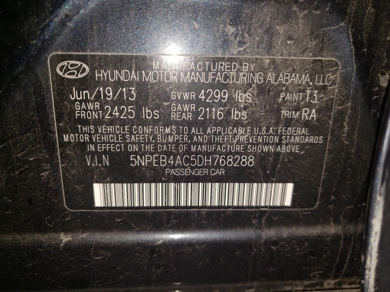 Photo 10 from auction – 2013 HYUNDAI SONATA GLS with VIN 5NPEB4AC5DH768288