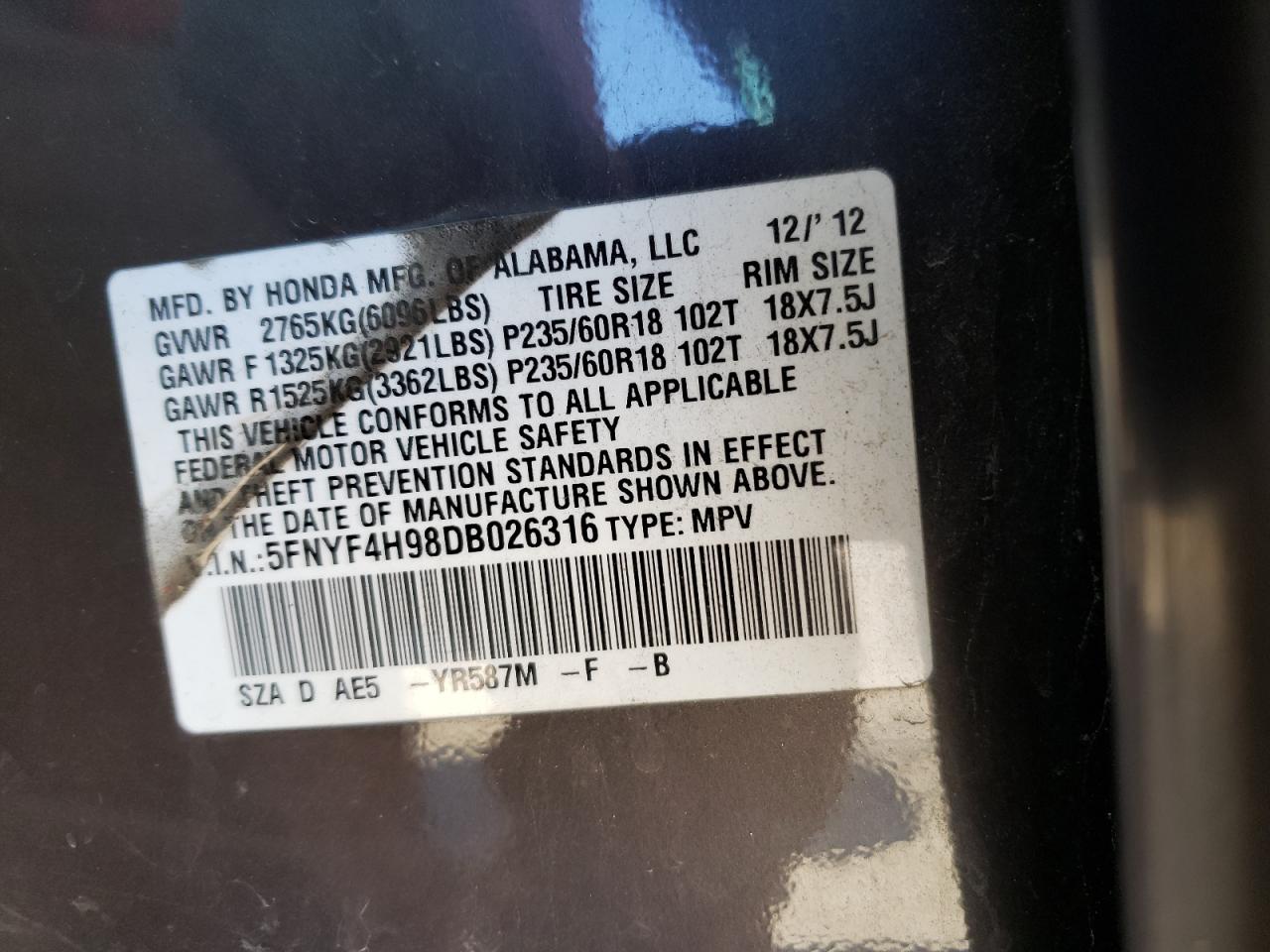 Photo 10 from auction – 2013 HONDA PILOT TOUR with VIN 5FNYF4H98DB026316