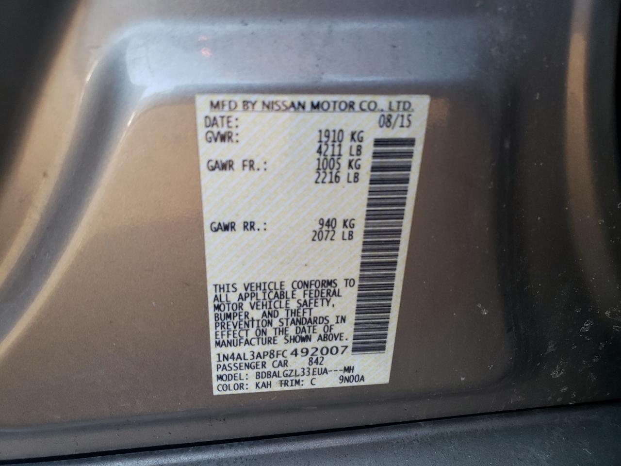 Photo 10 from auction – 2015 NISSAN ALTIMA 2.5 with VIN 1N4AL3AP8FC492007