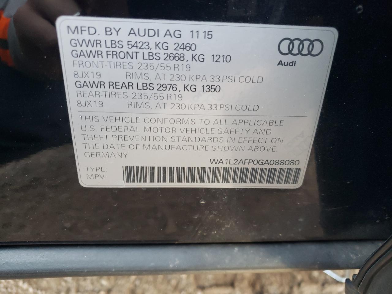 Photo 10 from auction – 2016 AUDI Q5 PREMIUM with VIN WA1L2AFP0GA088080
