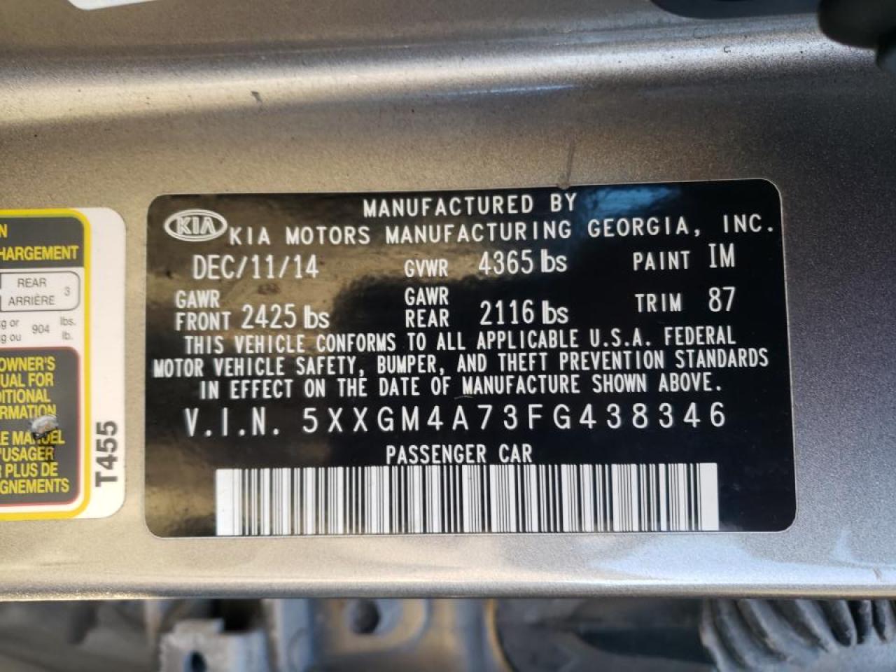 Photo 10 from auction – 2015 KIA OPTIMA LX with VIN 5XXGM4A73FG438346