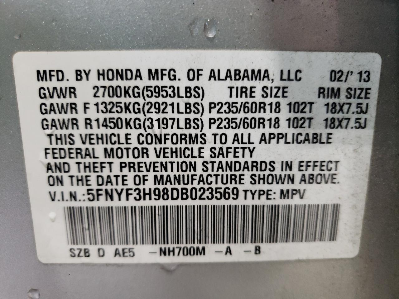Photo 10 from auction – 2013 HONDA PILOT TOUR with VIN 5FNYF3H98DB023569