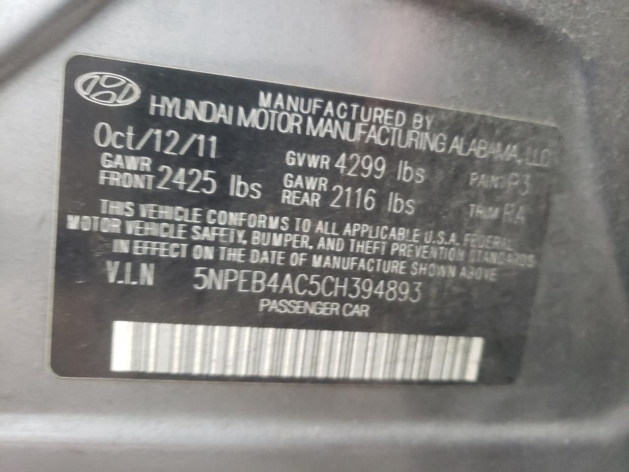 Photo 10 from auction – 2012 HYUNDAI SONATA GLS with VIN 5NPEB4AC5CH394893