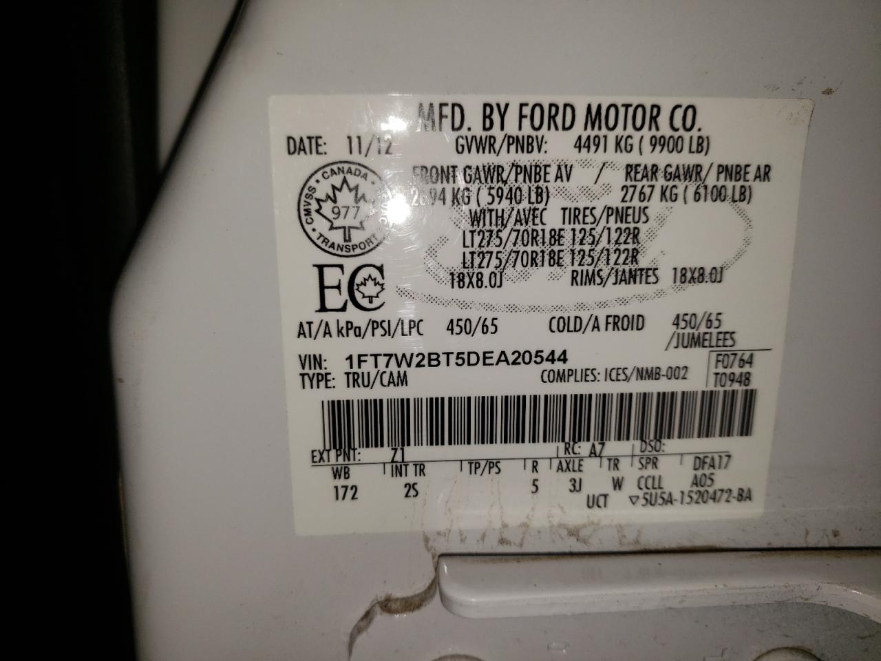 Photo 10 from auction – 2013 FORD F250 SUPER with VIN 1FT7W2BT5DEA20544