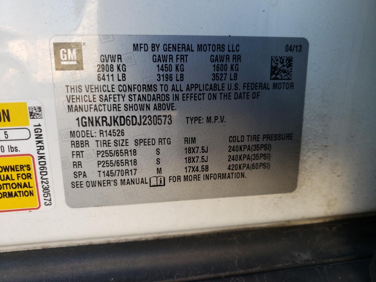 Photo 10 from auction – 2013 CHEVROLET TRAVERSE L with VIN 1GNKRJKD6DJ230573