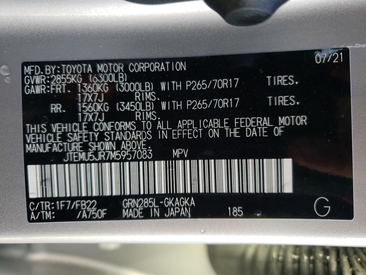 Photo 10 from auction – 2021 TOYOTA 4RUNNER SR with VIN JTEMU5JR7M5957083
