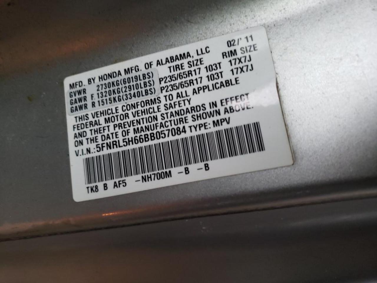 Photo 10 from auction – 2011 HONDA ODYSSEY EX with VIN 5FNRL5H66BB057084