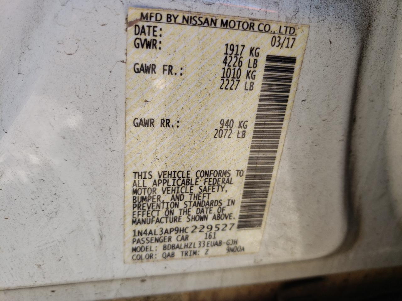 Photo 10 from auction – 2017 NISSAN ALTIMA 2.5 with VIN 1N4AL3AP9HC229527