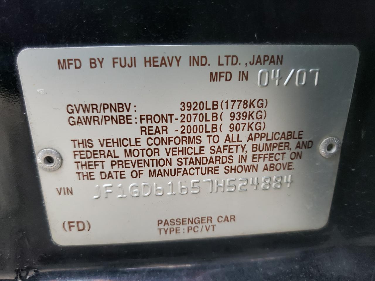 Photo 10 from auction – 2007 SUBARU IMPREZA 2. with VIN JF1GD61657H524884