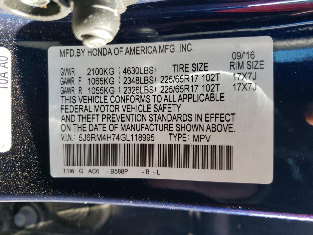 Photo 10 from auction – 2016 HONDA CR-V EXL with VIN 5J6RM4H74GL118995