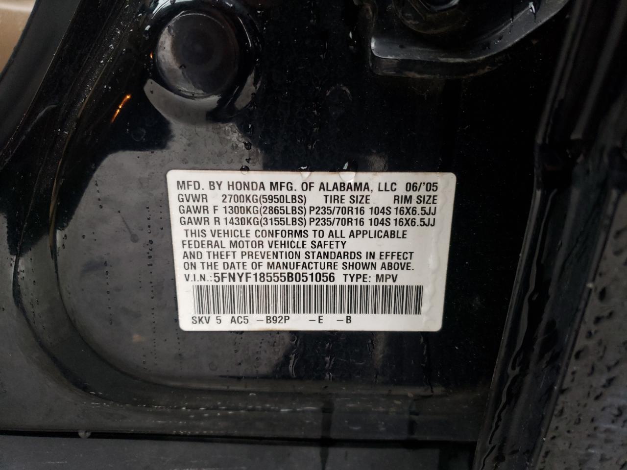Photo 10 from auction – 2005 HONDA PILOT EXL with VIN 5FNYF18555B051056
