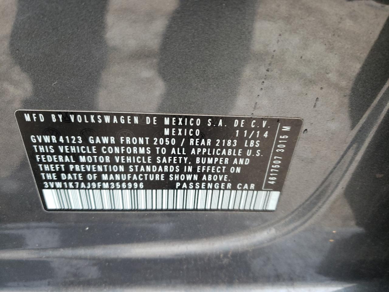 Photo 10 from auction – 2015 VOLKSWAGEN JETTA BASE with VIN 3VW1K7AJ9FM356996