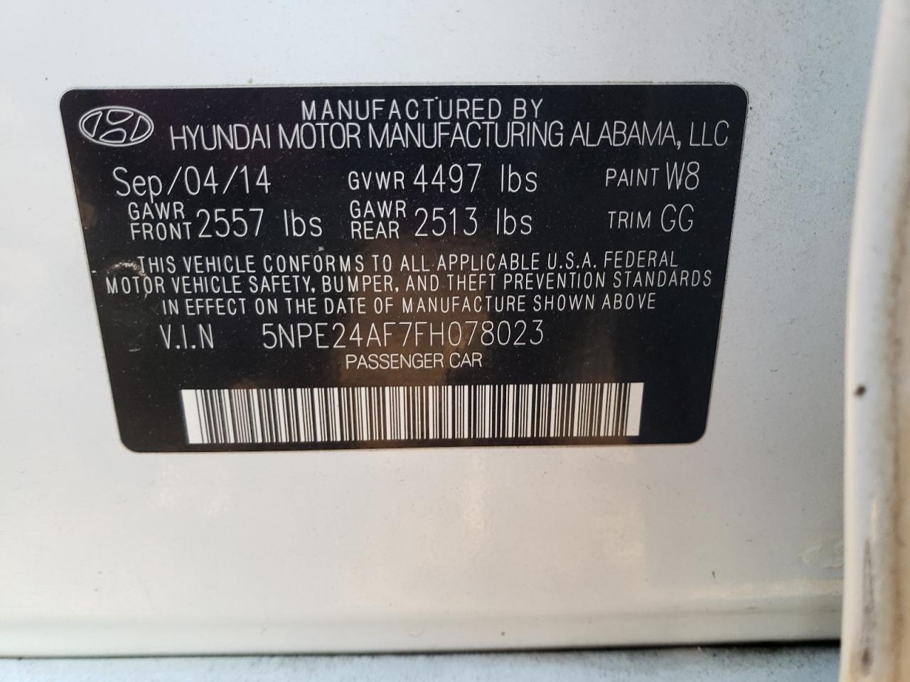 Photo 10 from auction – 2015 HYUNDAI SONATA SE with VIN 5NPE24AF7FH078023