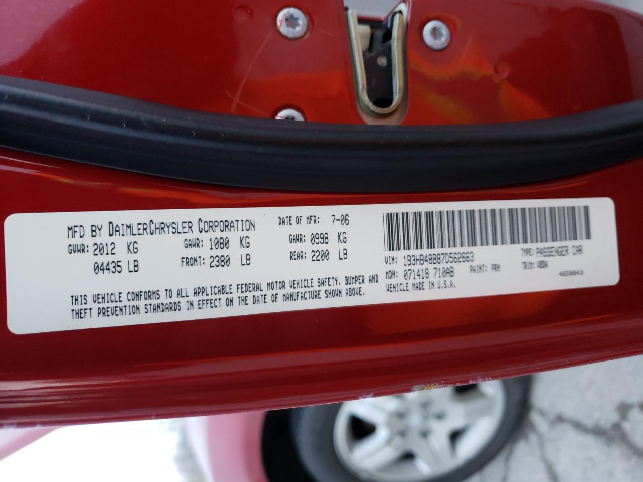 Photo 10 from auction – 2007 DODGE CALIBER SX with VIN 1B3HB48B87D562663