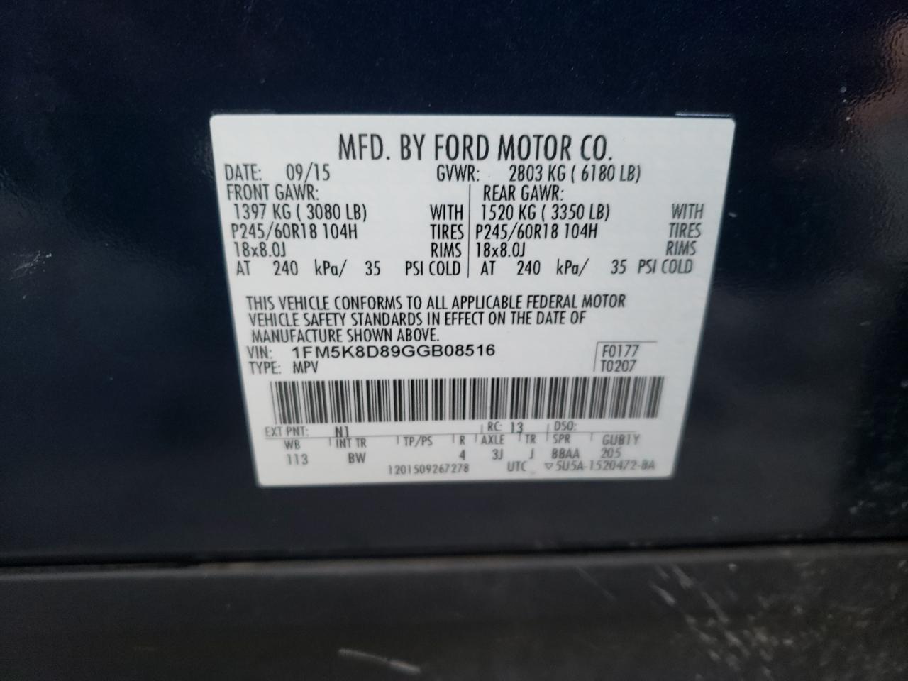 Photo 10 from auction – 2016 FORD EXPLORER X with VIN 1FM5K8D89GGB08516