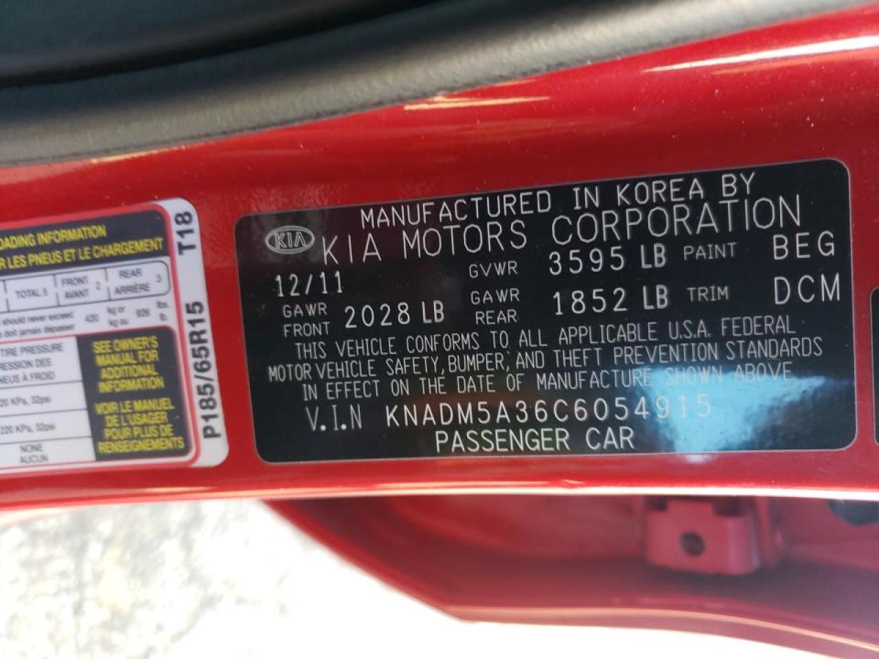 Photo 10 from auction – 2012 KIA RIO LX with VIN KNADM5A36C6054915