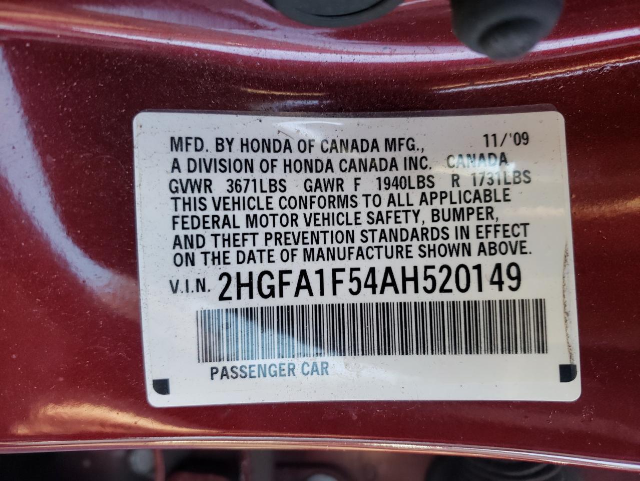 Photo 10 from auction – 2010 HONDA CIVIC LX with VIN 2HGFA1F54AH520149