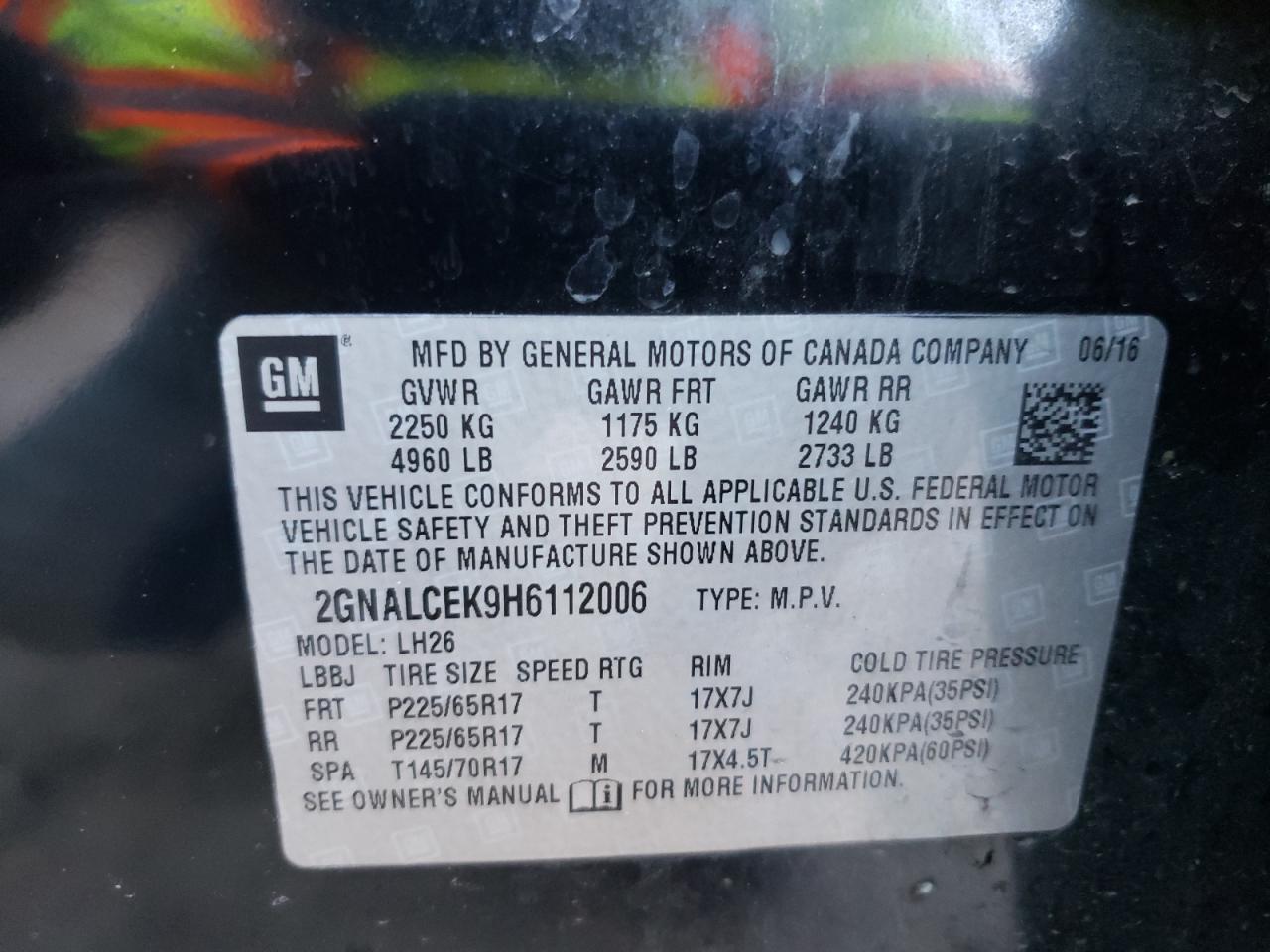 Photo 10 from auction – 2017 CHEVROLET EQUINOX LT with VIN 2GNALCEK9H6112006