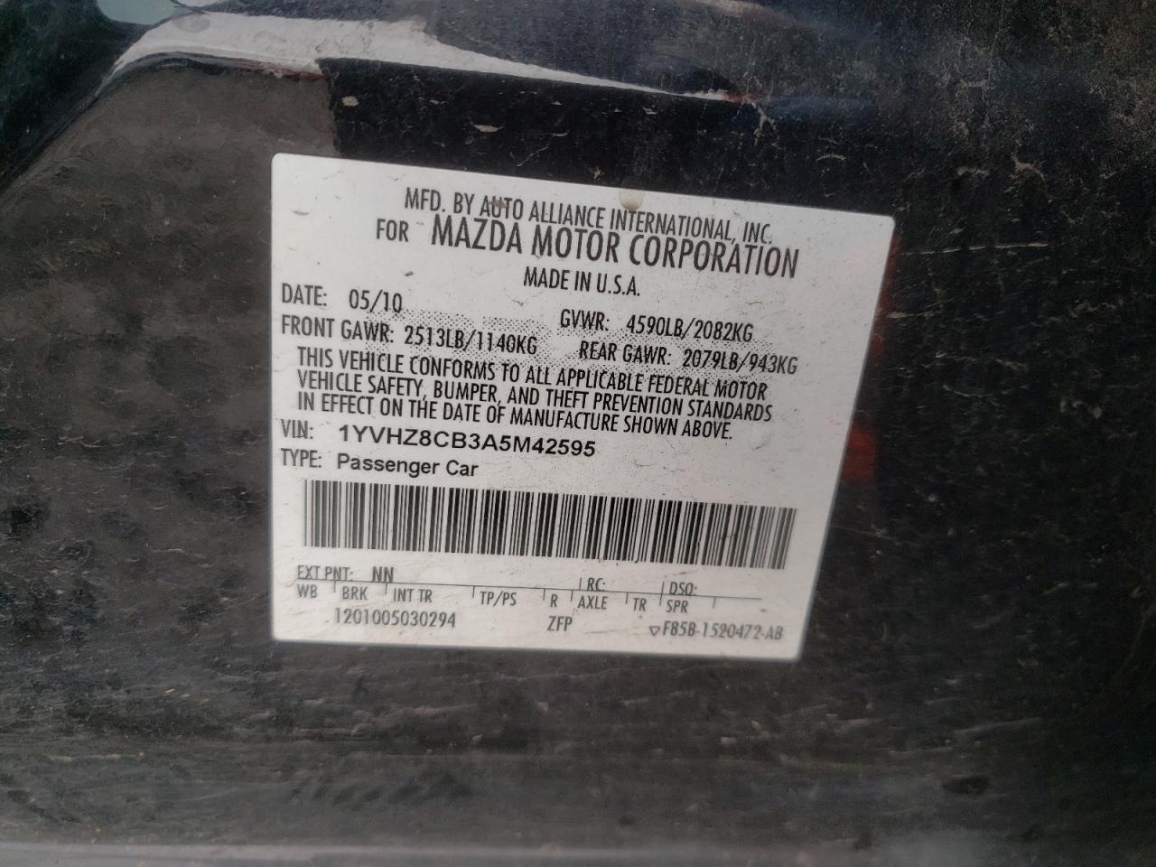 Photo 10 from auction – 2010 MAZDA 6 S with VIN 1YVHZ8CB3A5M42595