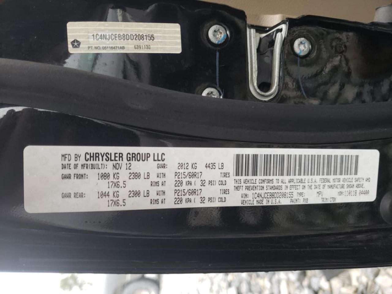 Photo 10 from auction – 2013 JEEP COMPASS LA with VIN 1C4NJCEB8DD208155