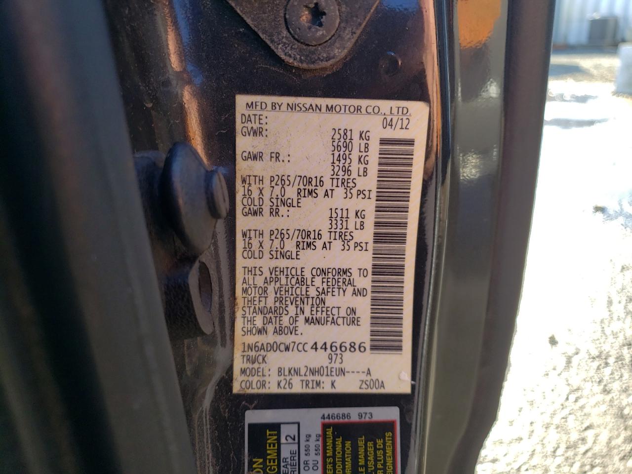 Photo 10 from auction – 2012 NISSAN FRONTIER S with VIN 1N6AD0CW7CC446686