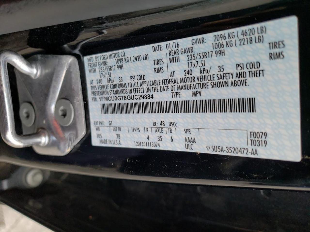 Photo 10 from auction – 2016 FORD ESCAPE SE with VIN 1FMCU0G78GUC29884
