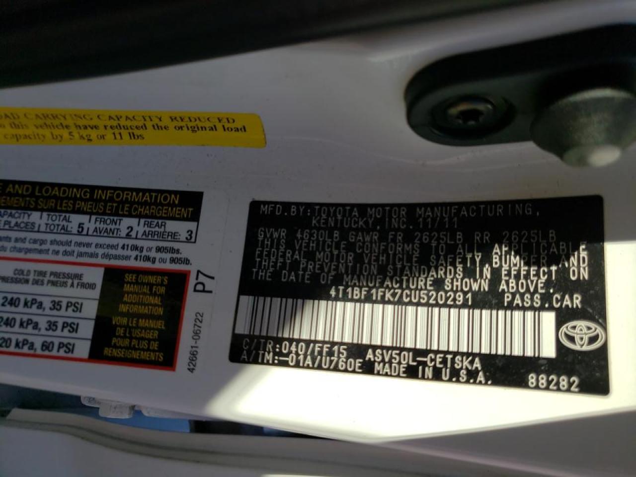 Photo 10 from auction – 2012 TOYOTA CAMRY BASE with VIN 4T1BF1FK7CU520291