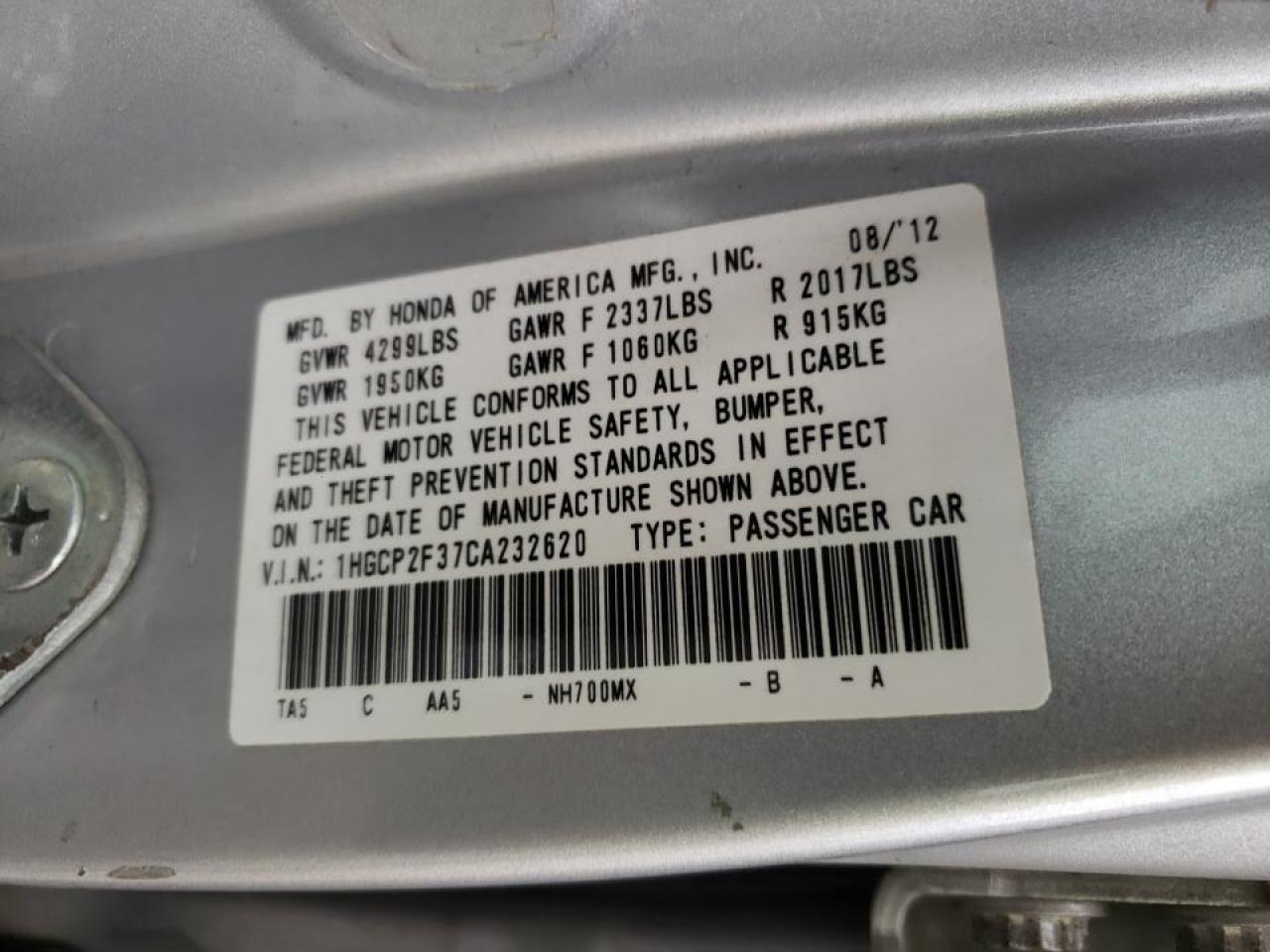 Photo 10 from auction – 2012 HONDA ACCORD LX with VIN 1HGCP2F37CA232620
