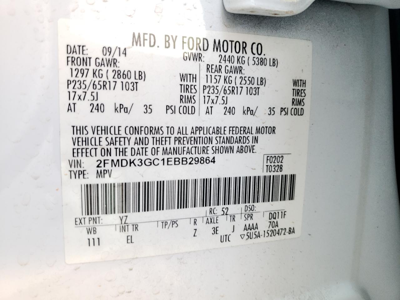 Photo 10 from auction – 2014 FORD EDGE SE with VIN 2FMDK3GC1EBB29864