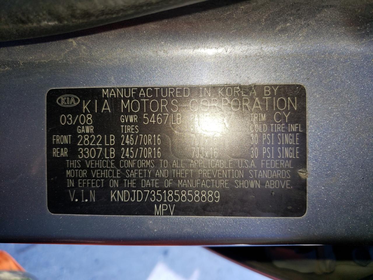 Photo 10 from auction – 2008 KIA SORENTO with VIN KNDJD735185858889