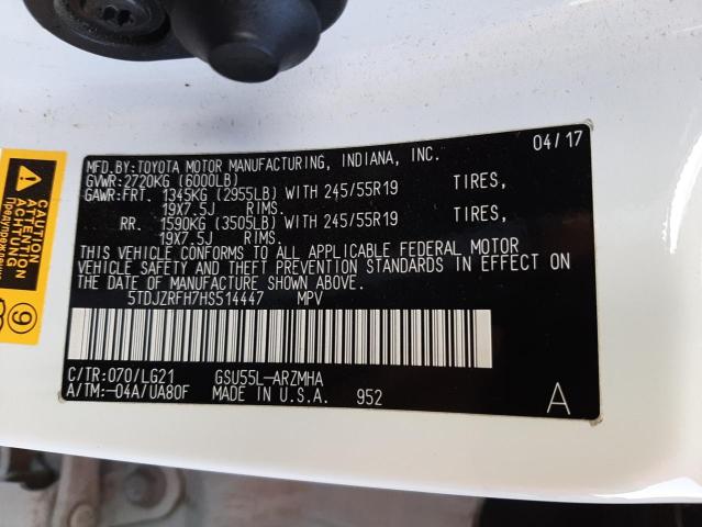 Photo 10 from auction – 2017 TOYOTA HIGHLANDER with VIN 5TDJZRFH7HS514447