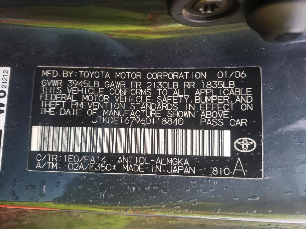 Photo 10 from auction – 2006 SCION TC with VIN JTKDE167960118840