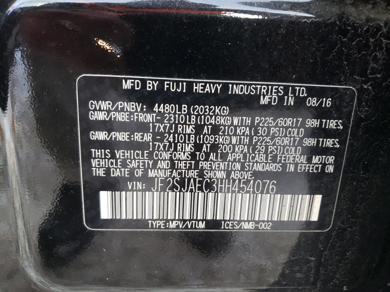 Photo 10 from auction – 2017 SUBARU FORESTER 2 with VIN JF2SJAEC3HH454076