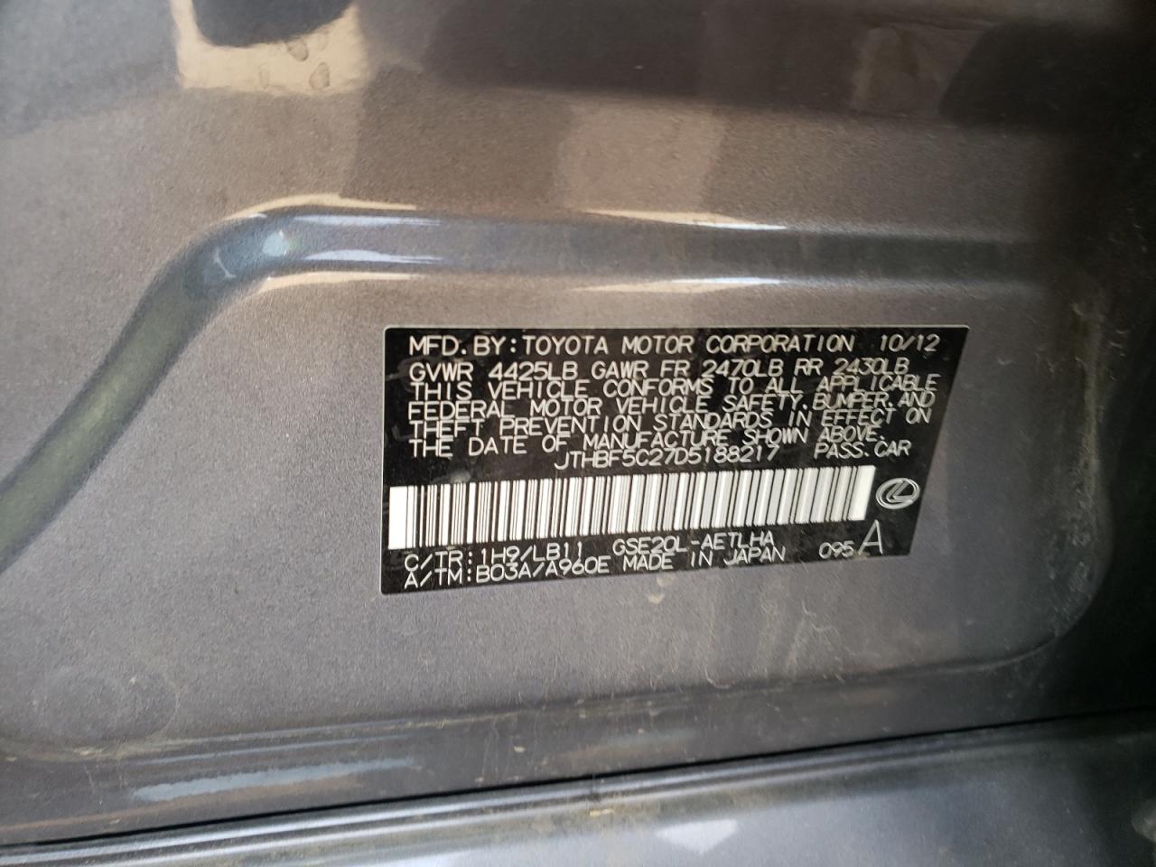 Photo 10 from auction – 2013 LEXUS IS 250 with VIN JTHBF5C27D5188217