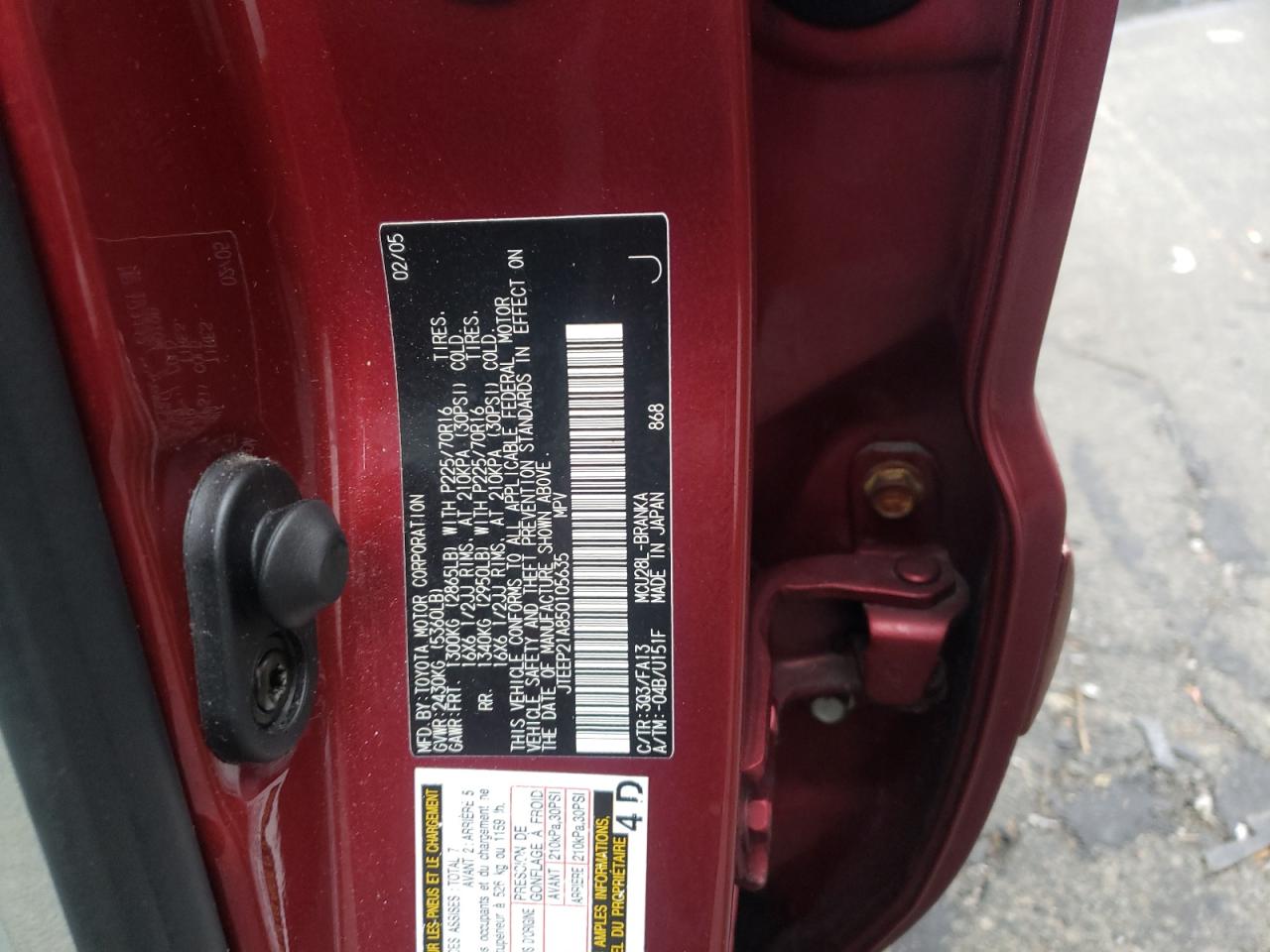 Photo 10 from auction – 2005 TOYOTA HIGHLANDER with VIN JTEEP21A850105635