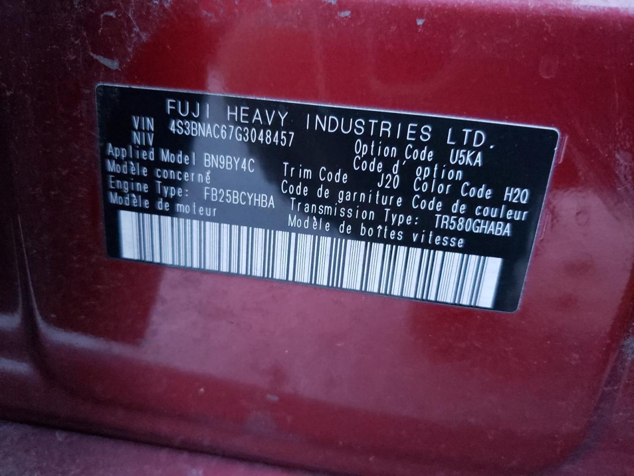 Photo 10 from auction – 2016 SUBARU LEGACY 2.5 with VIN 4S3BNAC67G3048457