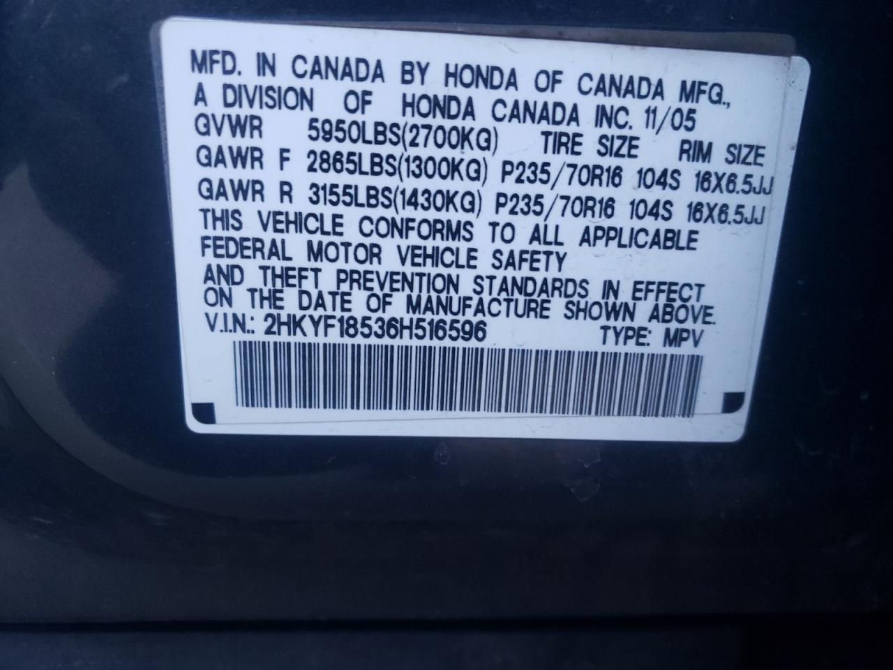 Photo 10 from auction – 2006 HONDA PILOT EX with VIN 2HKYF18536H516596