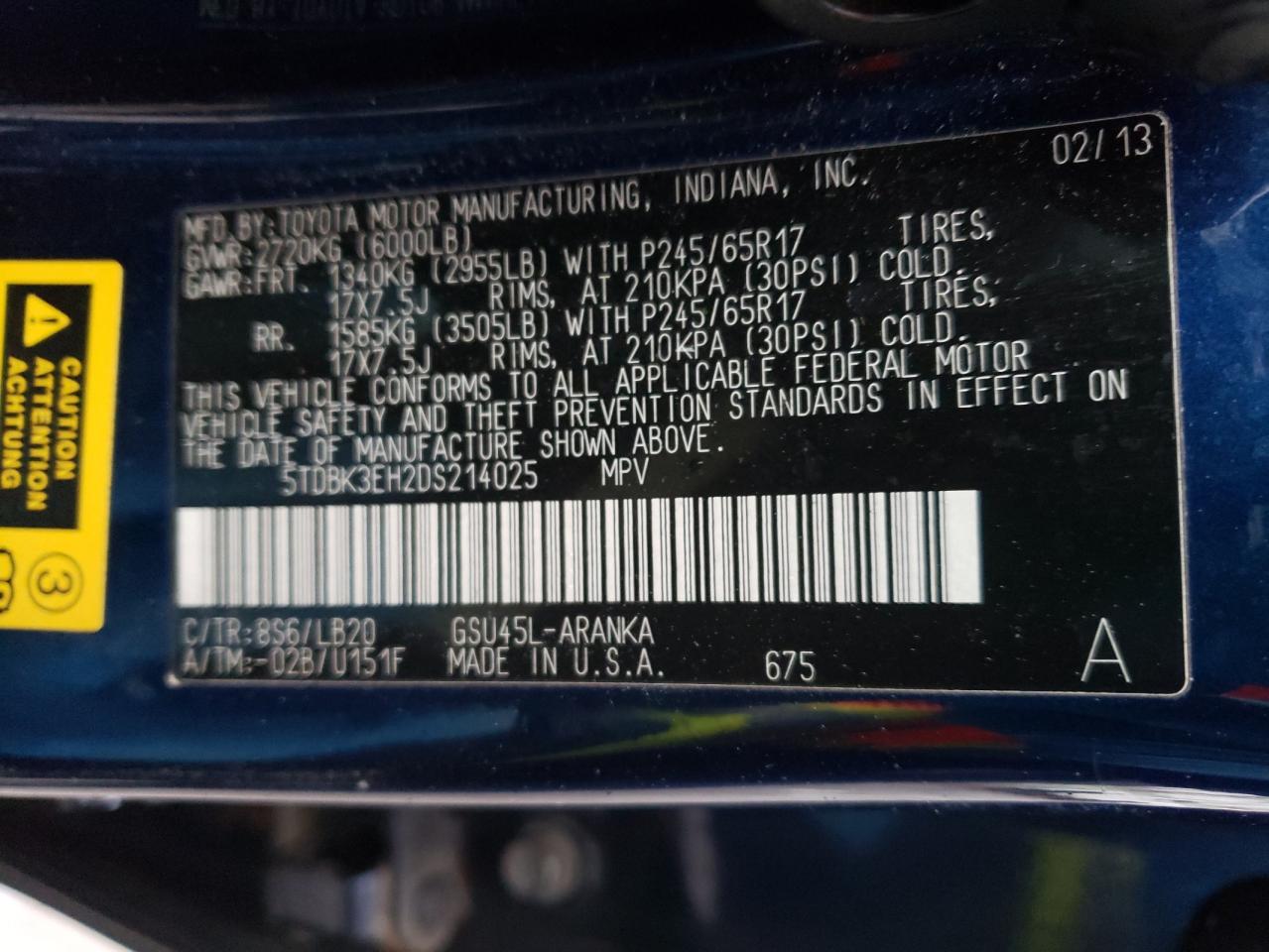Photo 10 from auction – 2013 TOYOTA HIGHLANDER with VIN 5TDBK3EH2DS214025