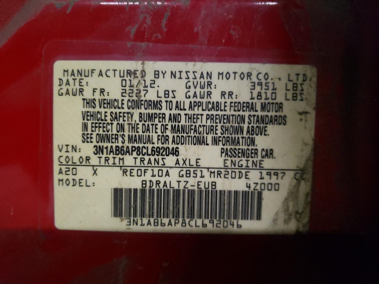 Photo 10 from auction – 2012 NISSAN SENTRA 2.0 with VIN 3N1AB6AP8CL692046