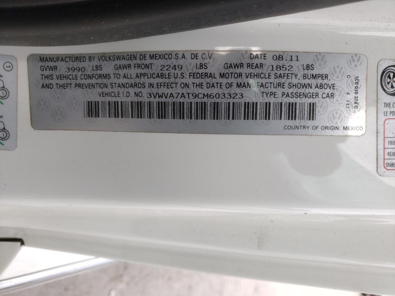 Photo 10 from auction – 2012 VOLKSWAGEN BEETLE TUR with VIN 3VWVA7AT9CM603323